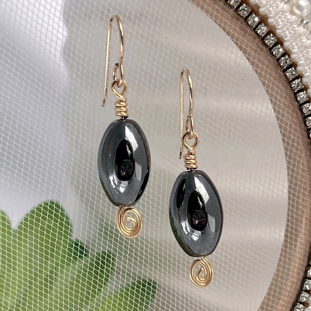 Hematite and Gold Beaded Dangle Earrings